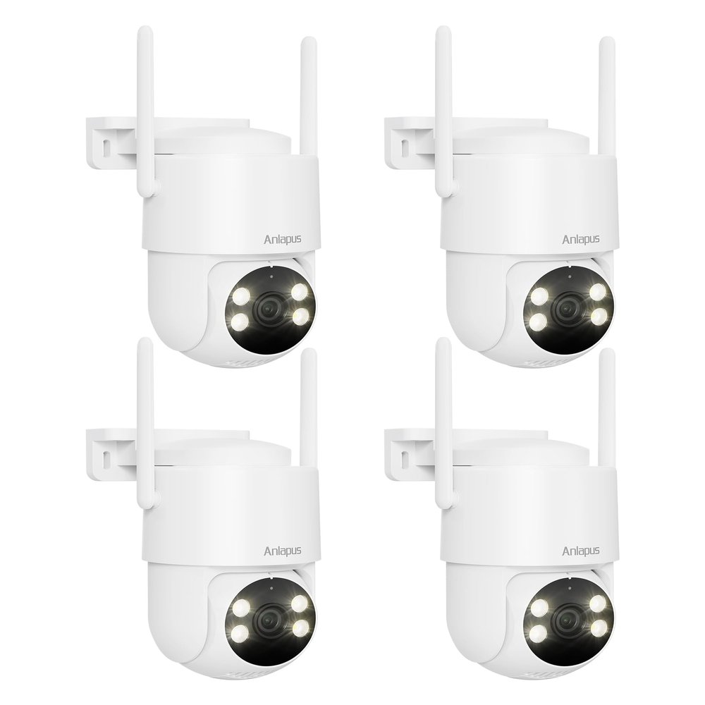 Anlapus 4 x C281 3MP 2K Security WiFi Camera Outdoor, 360 Pan/Tilt Wired Security Camera, AI Detect, Auto Track, Color Night Vision, 2-Way Talk, 2.4/5GHz, Light Siren Alarm, Cloud/Memory Card Storage