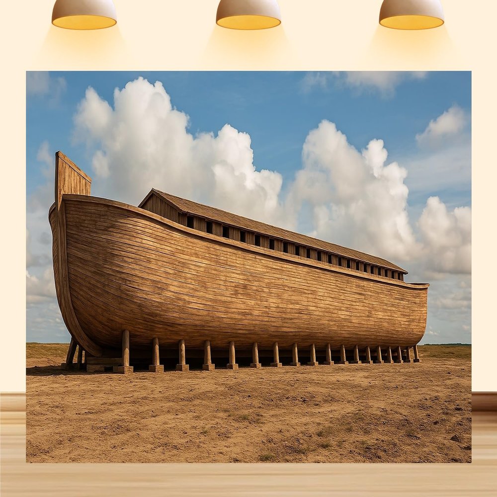 10X8ft Noah's Ark Photography Backdrop Large Wooden Ark on Dry Land Under Blue Sky Background Party Banner Decoration School and Livingroom Photo Booth Props