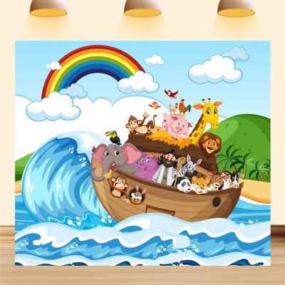 10X7ft Noah's Ark Photography Backdrop Animals Vacation on Beach Wild Safari Zoo Photography Background for Kids School and VBS Decorations