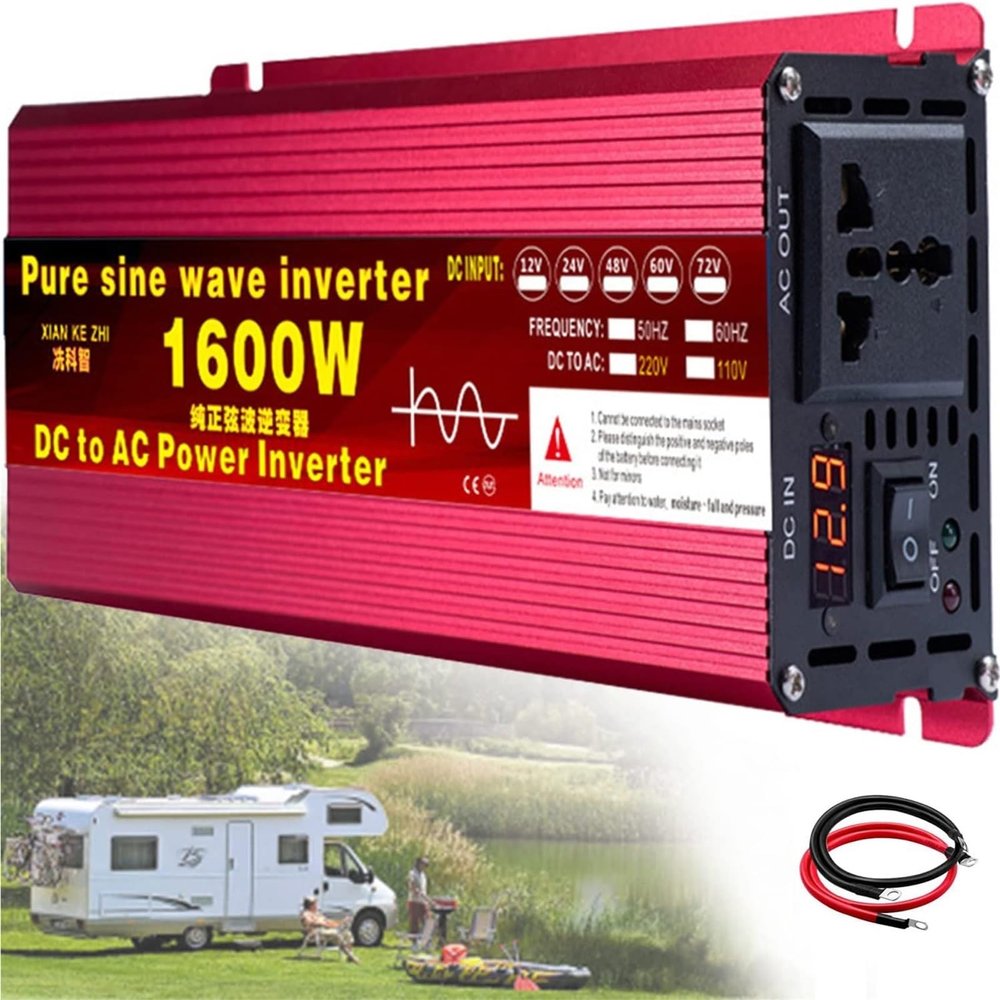 1600W Pure Sine Wave Power Inverter - DC to AC Converter for 24V, 48V, 60V, 72V to 110V/220V - Solar Inverter for Vehicles, Car Adapter with AC Outlets & Charger