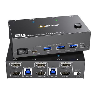 8K KVM Switch 2 Monitors 2 Computers HDMI, KCEVE Dual Monitor KVM Switches, Support 7680x4320@60Hz, 3840x2160@120Hz Resolution for 2 Computers Share Mouse Keyboard and Monitor