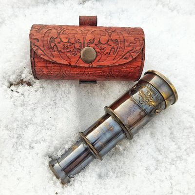 Brass Telescope Handheld Spyglass Nautical Marine Small Brass 6 Inch Mini Telescope with Leather Box Pirate Navigation Collectible Pocket Spy Glass for Gift Use