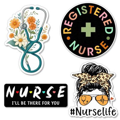 (4 Pcs) Nurse Stickers Pack Medical Assistant, CNA, RN Stickers for Laptop, Water Bottle, Graduation Cap, Car, Bumper Healthcare, Nursing & Stethoscope Sticker for Nurses, Students, Size 3 Inch