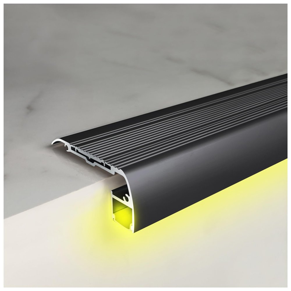 YEXI Non-Slip Stairs Edge Protector with LED Channel,Fluted Rubber Tread Steps Cover for Home Hotels Restaurants,Stair Nose Guard Trim,LED Strip is Not Included(Silver,L-40/102cm)
