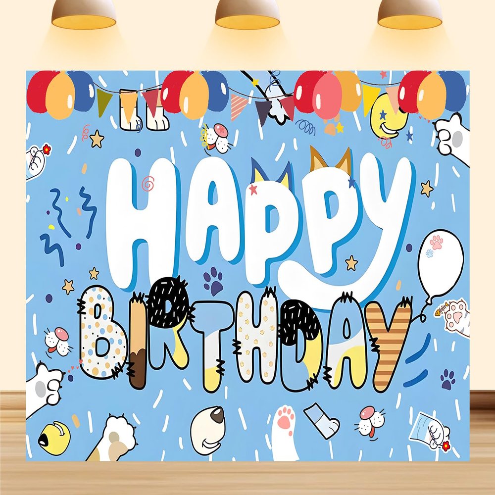 12X10ft Dog Blue Birthday Backdrop Party Decorations Cartoon Happy Birthday Cute Dog Balloon Blue Paw Model Photography Background for Kids Photo Booth Props