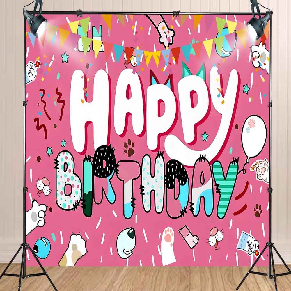 10X7ft Happy Birthday Light Red Backdrop Cute Dog Cat Paw Balloon Photography Background for Kids Party Supplies Decorations Photo Booth Props Banner