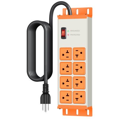 JUNNUJ Heavy Duty Surge Protector 4800J, Garage Metal 8 Outlets 20 Amp 12 Gauge, High Amp 5-15P Adapter Shop 6-20R T-Slot Industrial Outlet, 10 FT Extension Cord Commercial for Appliance, Grey