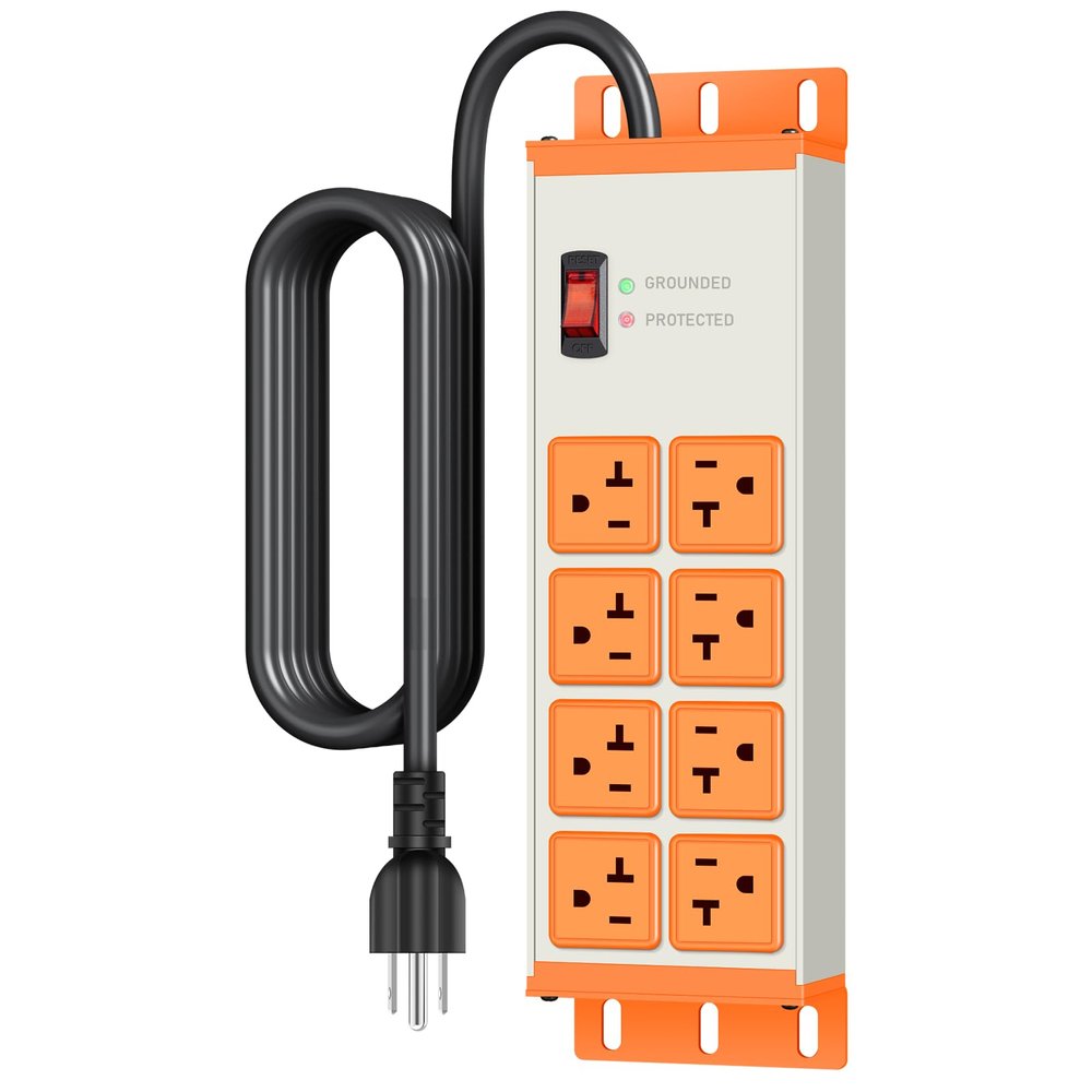 JUNNUJ Heavy Duty Surge Protector 4800J, Garage Metal 8 Outlets 20 Amp 12 Gauge, High Amp 5-15P Adapter Shop 6-20R T-Slot Industrial Outlet, 10 FT Extension Cord Commercial for Appliance, Grey