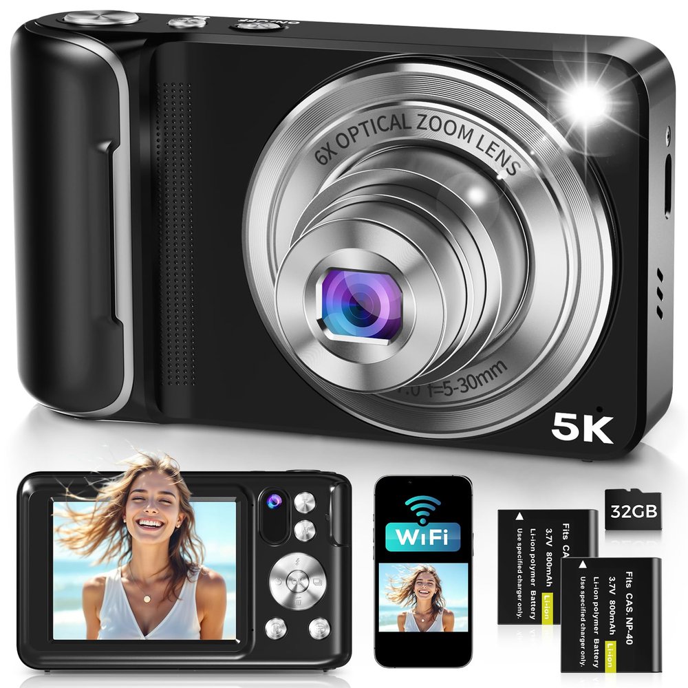 5K Digital Camera for Photography, WiFi 64MP Autofocus Dual Lens Vlogging Camera with Touch Screen, 6X Optical Zoom Compact Point and Shoot Cameras for YouTube, 32GB Card,2 Batteries,Black