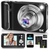 5K Digital Camera for Photography, WiFi 64MP Autofocus Dual Lens Vlogging Camera with Touch Screen, 6X Optical Zoom Compact Point and Shoot Cameras for YouTube, 32GB Card,2 Batteries,Black view 1