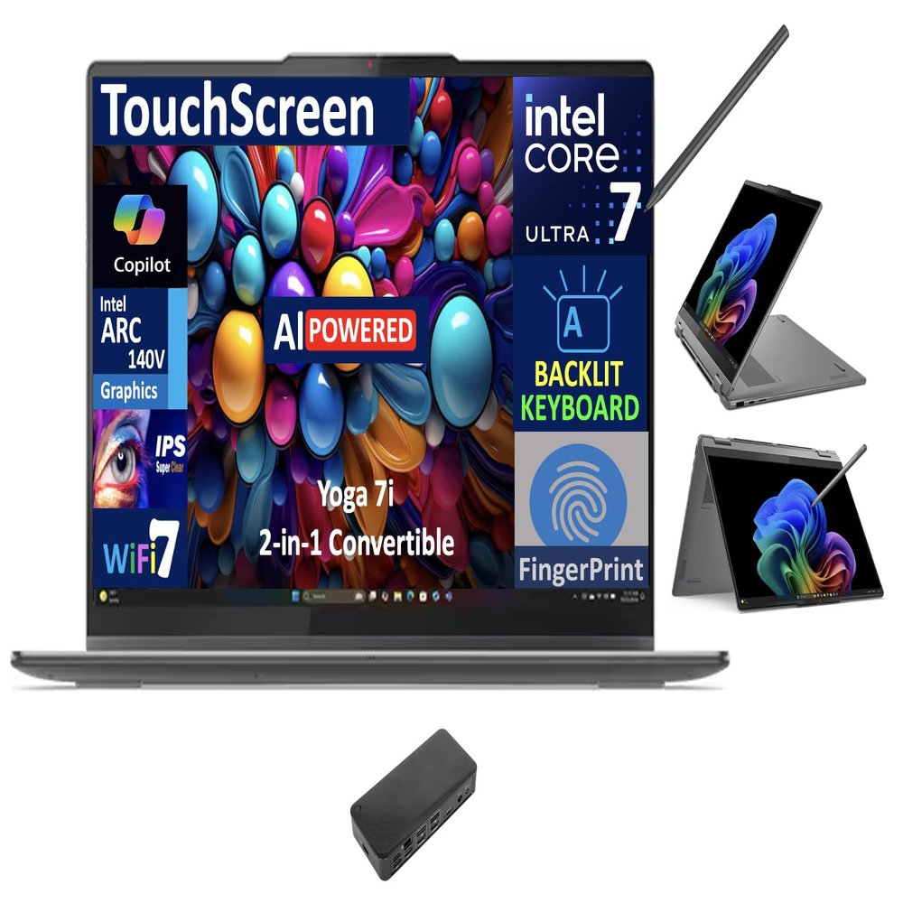 Lenovo Yoga 7i AI PC 2-in-1 Laptop 16.0" Touchscreen IPS WUXGA Display (Intel Ultra 7-256V, 16GB LPDDR5X, 1TB SSD, Active Pen, Backlit KB, Fingerprint, 2 Thunderbolt 4, Win 11 Pro) w/USB-C Dock