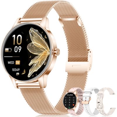 1.27'' Smart Watches for Women (Answer/Make Calls), Activity Fitness Tracker with 130+ Sport Modes, 24/7 Heart Rate, Sleep Monitor, 4 Watch Bands,Waterproof Smartwatch for Android & iPhone, Rose Gold