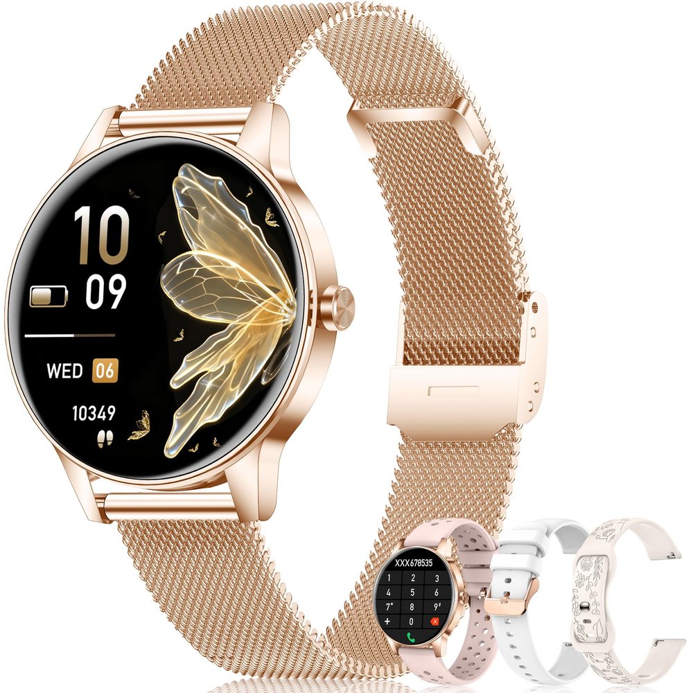 1.27'' Smart Watches for Women (Answer/Make Calls), Activity Fitness Tracker with 130+ Sport Modes, 24/7 Heart Rate, Sleep Monitor, 4 Watch Bands,Waterproof Smartwatch for Android & iPhone, Rose Gold