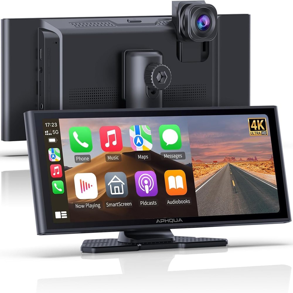 APHQUA Apple Carplay Screen for Car, 10.26" Wireless Apple Carplay & Android Auto,4K Dash Cam,1080p Backup Camera DVR,Car Audio Receivers GPS Navigation Mirror Link, Bluetooth,FM, Siri