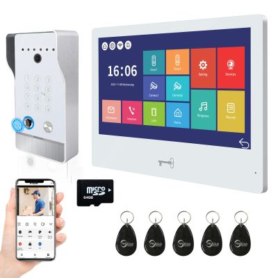 1080P Wired Video Door Phone Apartment Doorbell Intercom System,10 Inch Monitor,Supporting Fingerprint,RFID,Password Unlocking,Motion Detect,2-Way Audio for Home (1 doorbell(W)+ 1 Monitor(W))