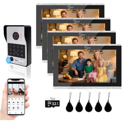 Wired Video Door Phone Apartment Intercom System,10 Inch Monitor with 1080P Doorbell,Supporting Fingerprint,RFID Card,Password Unlocking,Motion Detect for Home Villa,Tuya (1 doorbell + 4 Monitor)
