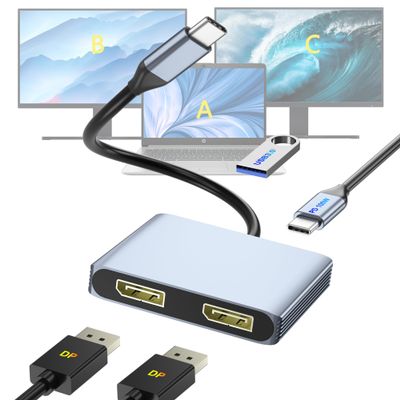 DisplayPort Splitter for Dual Monitors, 4K@60Hz USB-C to DisplayPort Adapter, Type-C Docking Station for Dell/HP/Mac, Display Port MST Hub with USB3.0/PD, Display Port Splitter for Dual Monitors