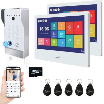 1080P Wired Video Door Phone Apartment Doorbell Intercom System,10 Inch Monitor,Supporting Fingerprint,RFID,Password Unlocking,Motion Detect,2-Way Audio for Home (1 doorbell(W)+ 2 Monitor(W))