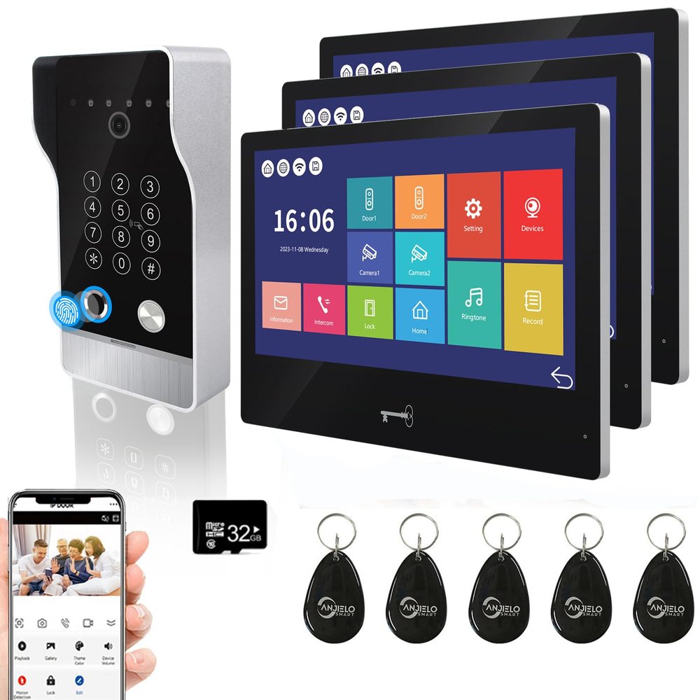 1080P Wired Video Door Phone Apartment Doorbell Intercom System,10 Inch Monitor,Supporting Fingerprint,RFID,Password Unlocking,Motion Detect,2-Way Audio for Home (1 doorbell(B)+ 3 monitor(B))