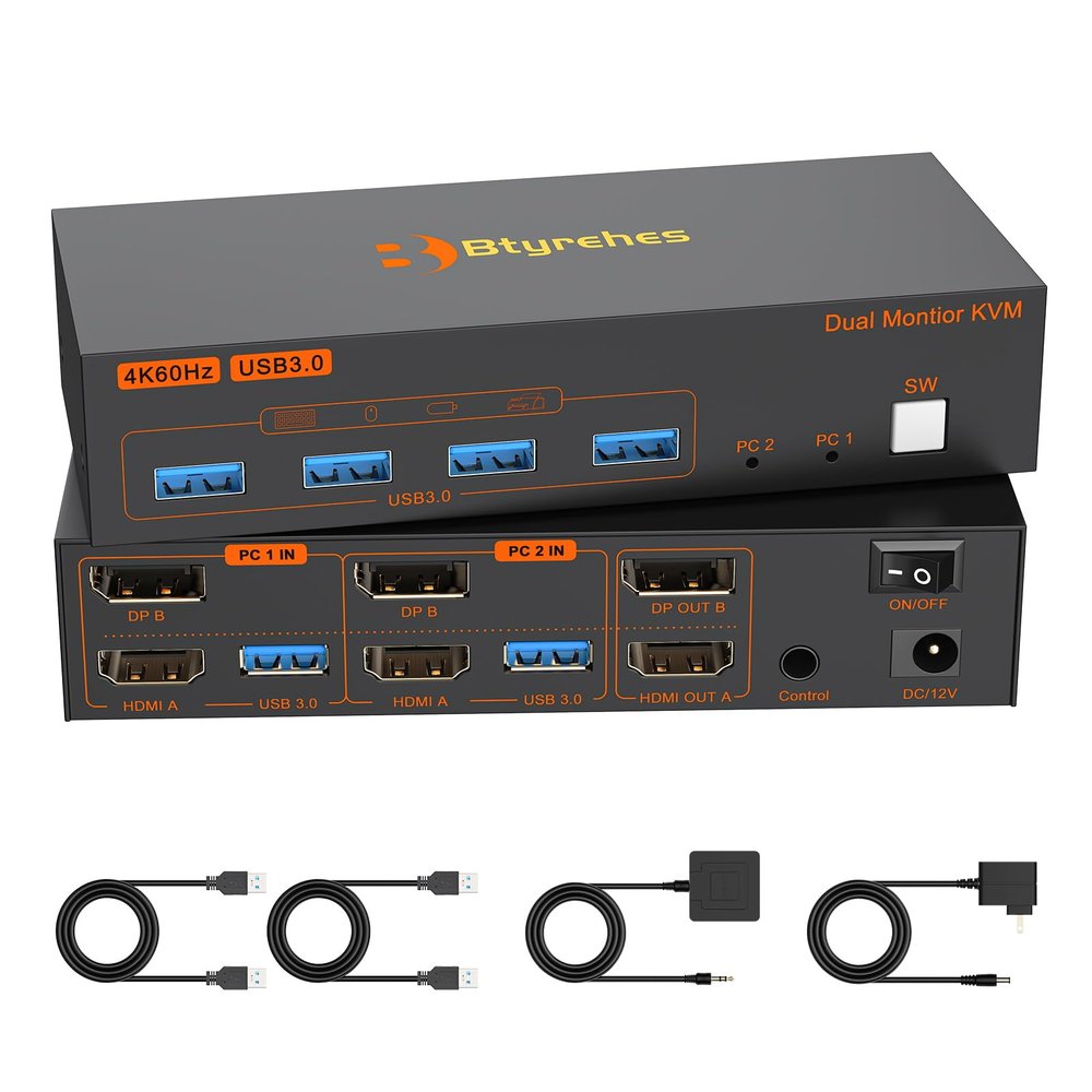 4K Kvm Switch 2 Monitors 2 Computers 4K@60Hz HDMI Displayport Dual Monitor KVM Switches 2 Ports for 2 PC Share Mouse Keyboard and 2 Screens with USB 3.0 Cables and Extended Controller
