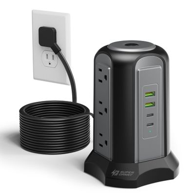 15Ft Extension Cord Power Strip Tower Surge Protector, Desktop Charging Station with Multiple Outlets, 9 Outlets, 4 USB (2 USB-C), 1080J, Multiple Protections Outlet Extender for Home, Office, Dorm