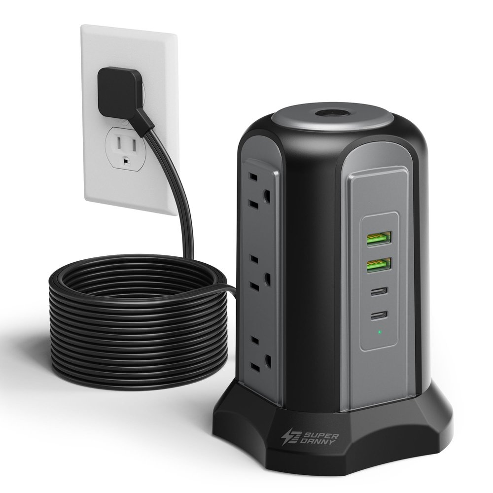 15Ft Extension Cord Power Strip Tower Surge Protector, Desktop Charging Station with Multiple Outlets, 9 Outlets, 4 USB (2 USB-C), 1080J, Multiple Protections Outlet Extender for Home, Office, Dorm