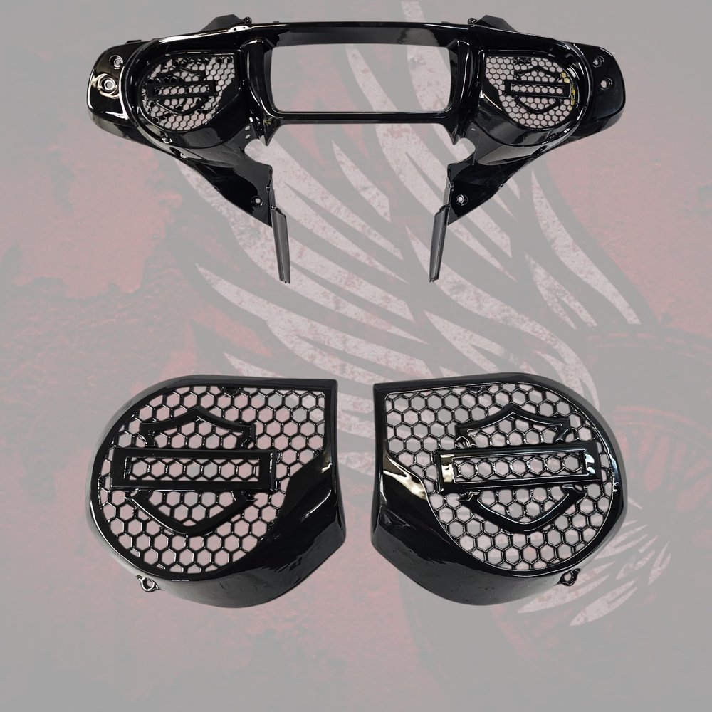 24+ Street Glide inner fairing Speaker grill with shield emblem large honeycomb