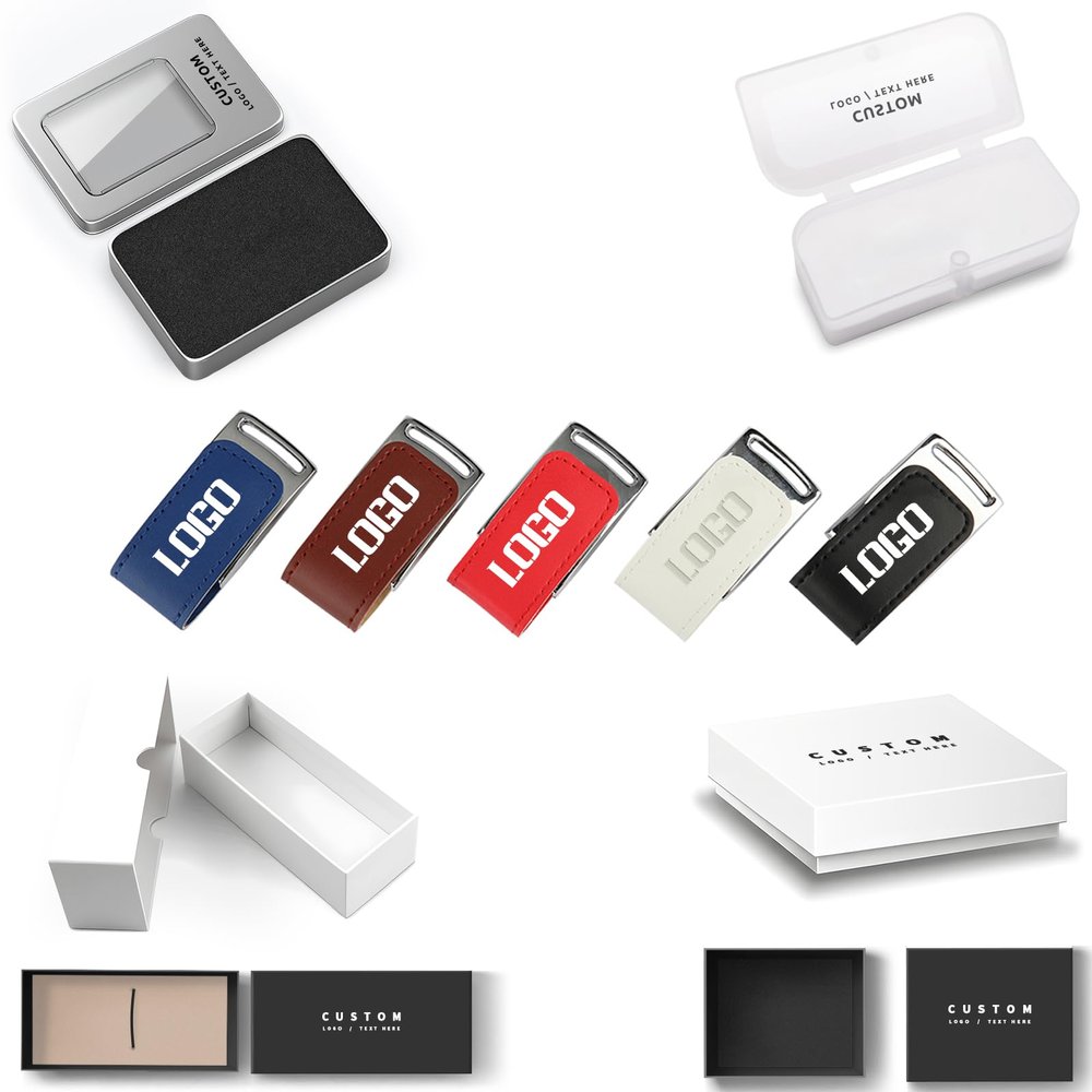 Bulk Custom Logo USB Drives with Leather Case, Personalized Metal Engraved Thumb Drives with Custom Packaging Options for Corporate Gifts, Brand Promotions, Events (100,16 GB)