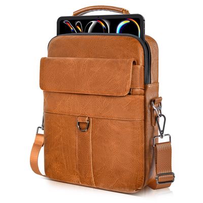 13 Inch Laptop Shoulder Bag Leather Briefcase for iPad Air 13 inch M3 M2 2025 2024, iPad Pro 13" M5 M4 with Magic Keyboard, iPad Pro 12.9 6/5/4/3, Vertical Laptop Sleeve Messenger Computer Bag, Brown