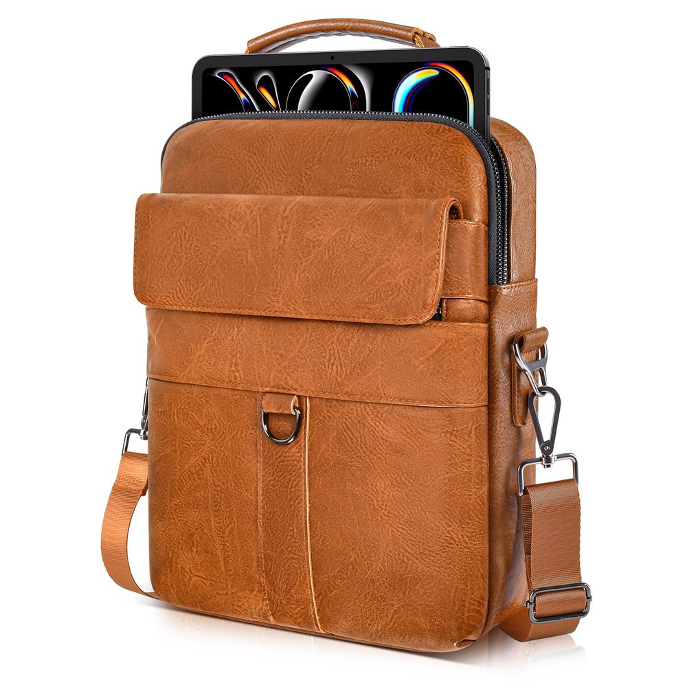 13 Inch Laptop Shoulder Bag Leather Briefcase for iPad Air 13 inch M3 M2 2025 2024, iPad Pro 13" M5 M4 with Magic Keyboard, iPad Pro 12.9 6/5/4/3, Vertical Laptop Sleeve Messenger Computer Bag, Brown