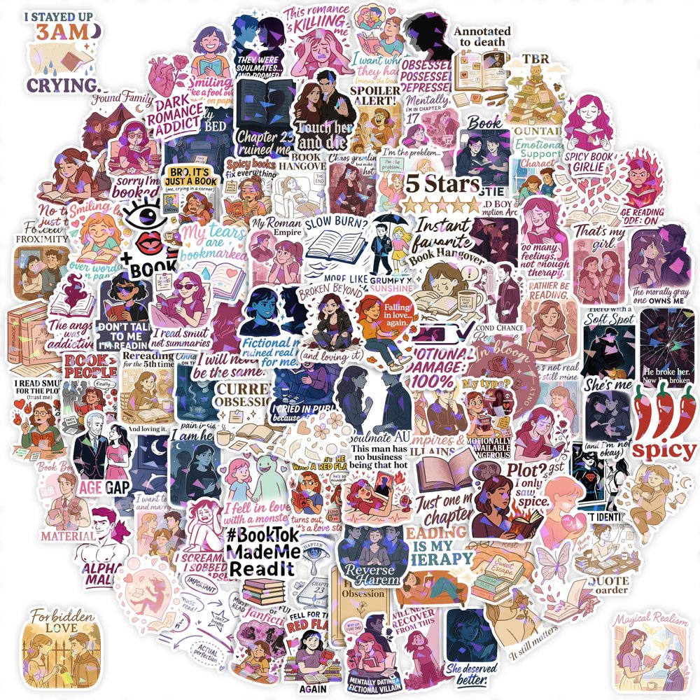 100 PCS BookTok Memes Stickers - Emotional Book Quotes & Romance Reading Aesthetic Holographic Vinyl PVC Stickers, Waterproof Scrapbooking Decals for Laptops & Gift for Readers