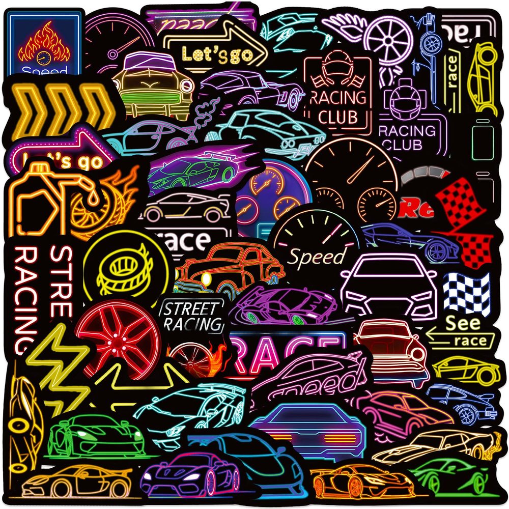 100 Pcs Neon Race Car Theme Stickers Cool Race Car Sticker Waterproof Vinyl Sticke for Water Bottles Laptop Skateboard Luggage Computer Stickes