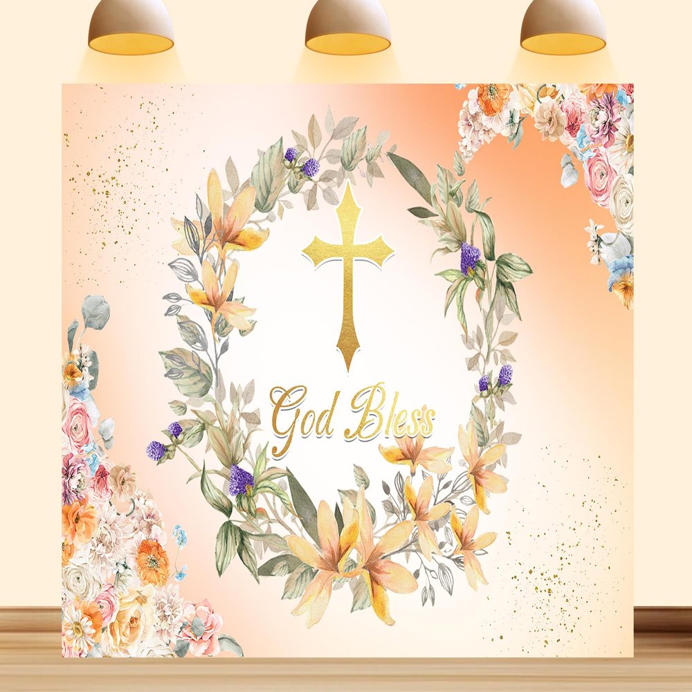 10X8ft God Bless Backdrop for Baby Shower First Holy Communion Baptism Photography Background Orange Hand Drawn Eucalyptus Green Leaves Cross Newborn Cake Table Banner Photo Booth Studio
