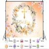 10X8ft God Bless Backdrop for Baby Shower First Holy Communion Baptism Photography Background Orange Hand Drawn Eucalyptus Green Leaves Cross Newborn Cake Table Banner Photo Booth Studio view 2