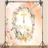 10X8ft God Bless Backdrop for Baby Shower First Holy Communion Baptism Photography Background Orange Hand Drawn Eucalyptus Green Leaves Cross Newborn Cake Table Banner Photo Booth Studio view 3