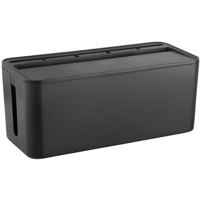 Cable Storage Box with Bamboo Lid, Large Black Cable Organizer with USB Port, Designed for Power Strips, Charging Cords, and Electrical Cable Organization