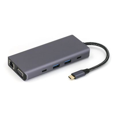 SPONGL Type C Splitter,10 in 1 Type C to HDTV VGA RJ45 USB3.0+USB2.0 Card Reader Slot 3.5mm Port USB Extender Docking Station for PC