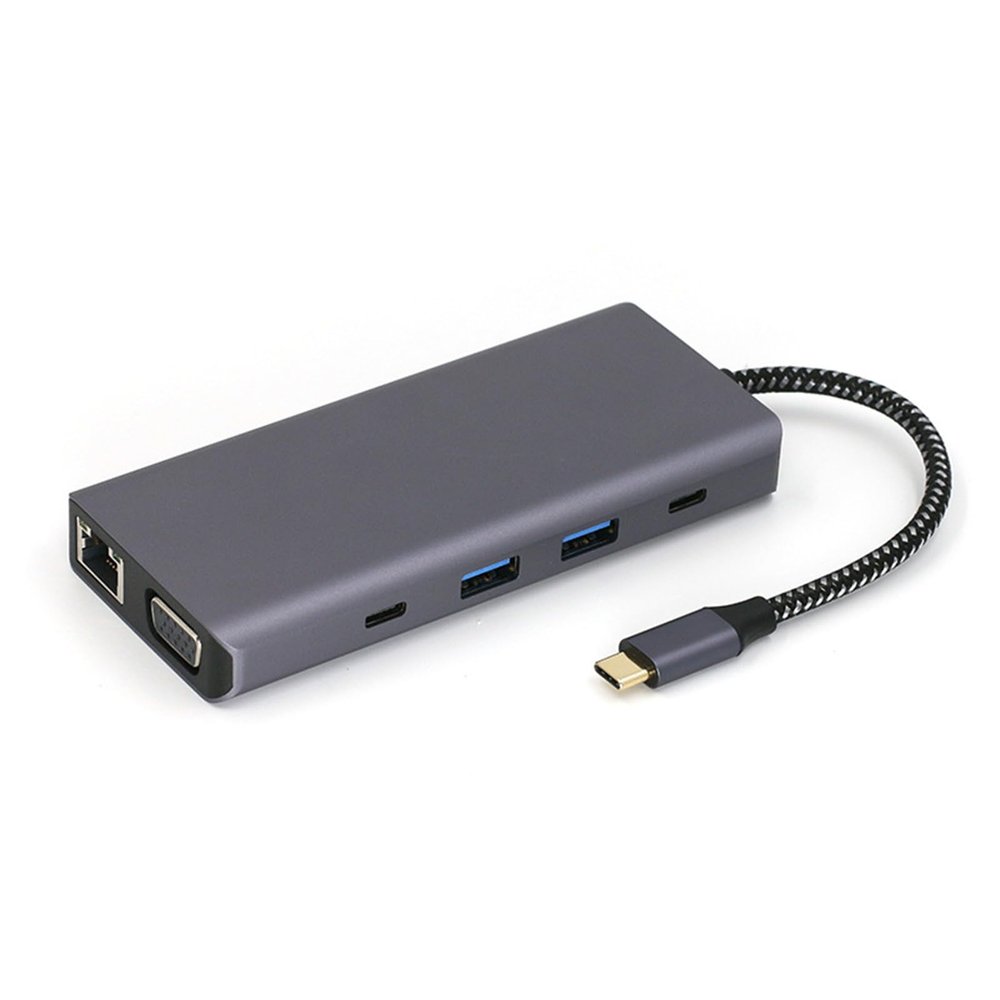 SPONGL Type C Splitter,10 in 1 Type C to HDTV VGA RJ45 USB3.0+USB2.0 Card Reader Slot 3.5mm Port USB Extender Docking Station for PC
