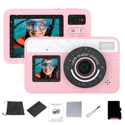Waterproof Underwater Camera for Snorkeling, 10FT Floating Small Water Proof Camera with Dual Screens, 18X Zoom, Fill Light, Autofocus, for Swimming, Kayaking, Teens, Adults (Pink 32G)