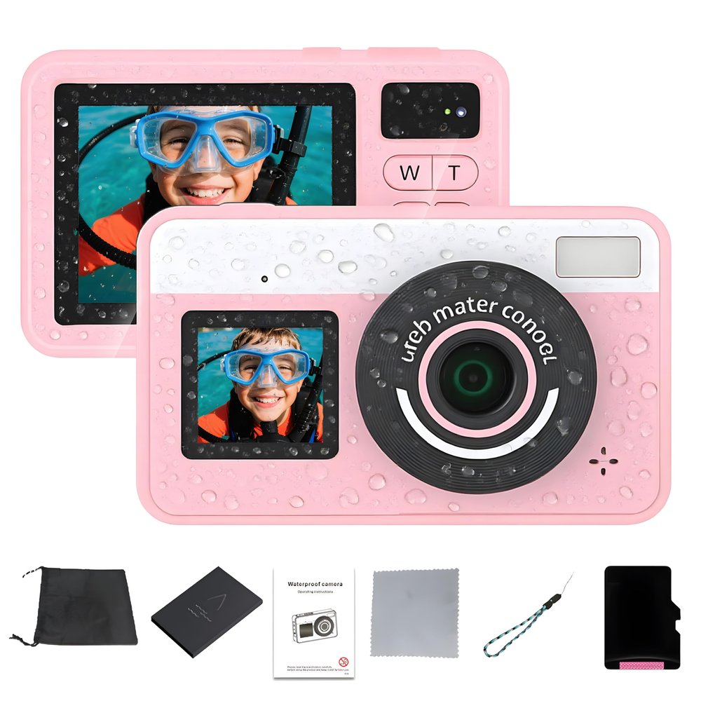 Waterproof Underwater Camera for Snorkeling, 10FT Floating Small Water Proof Camera with Dual Screens, 18X Zoom, Fill Light, Autofocus, for Swimming, Kayaking, Teens, Adults (Pink 32G)