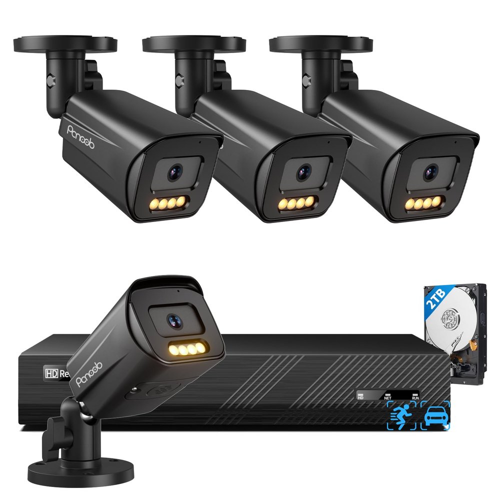 PANOOB 4K PoE Security Camera System 8 Channel, 4X 8MP Wired Security IP Bullet Camera, AI Human Vehicle Detection, 2-Way Audio, Smart Dual Light Color Night Vision, 4K 8CH NVR 2TB HDD, PB65B0408-8MD