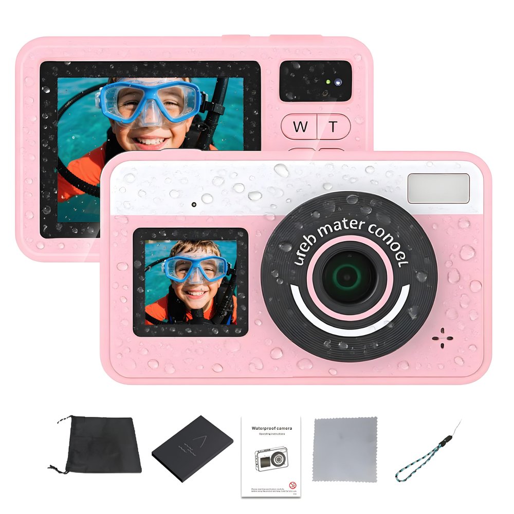Waterproof Underwater Camera for Snorkeling, 10FT Floating Small Water Proof Camera with Dual Screens, 18X Zoom, Fill Light, Autofocus, for Swimming, Kayaking, Teens, Adults (Pink No Memory Card)