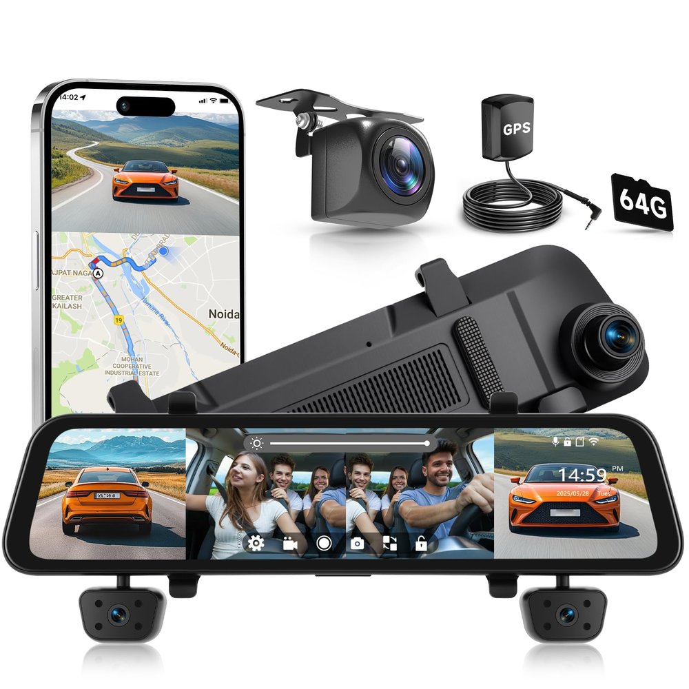 12" HD Touch Screen Mirror Dash Cam Backup Camera4 Channel 1080P Dash Cam Front and Rear Support APP WiFi Loop Recording GPS Night Vision G-Sensor Parking Monitor Reversing Assistance+ 64G SD Card