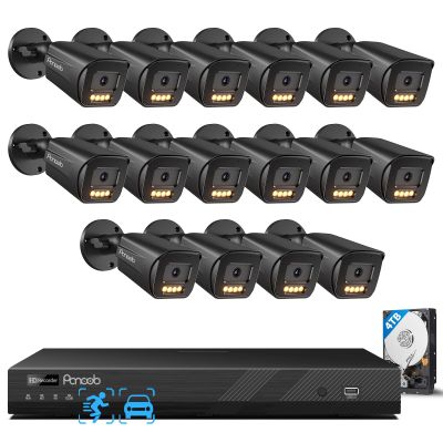 PANOOB 16 Channel Security Camera System, 16CH NVR & 4TB HDD, 16X 5MP PoE Commercial IP Bullet Camera, Smart Color Night Vision, 2 Way Audio, AI Human Vehicle Detection, Remote Access, PB65B1616-5MD