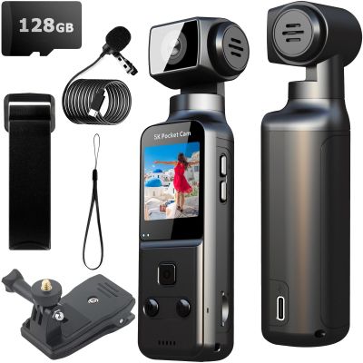 YONDENE Body Camera 5K with External Microphone, Video & Audio Mini Vlog Camera with 270 Rotated Lens, Pocket Cam for Sport, Outdoor, Riding, Travel, 128GB Included