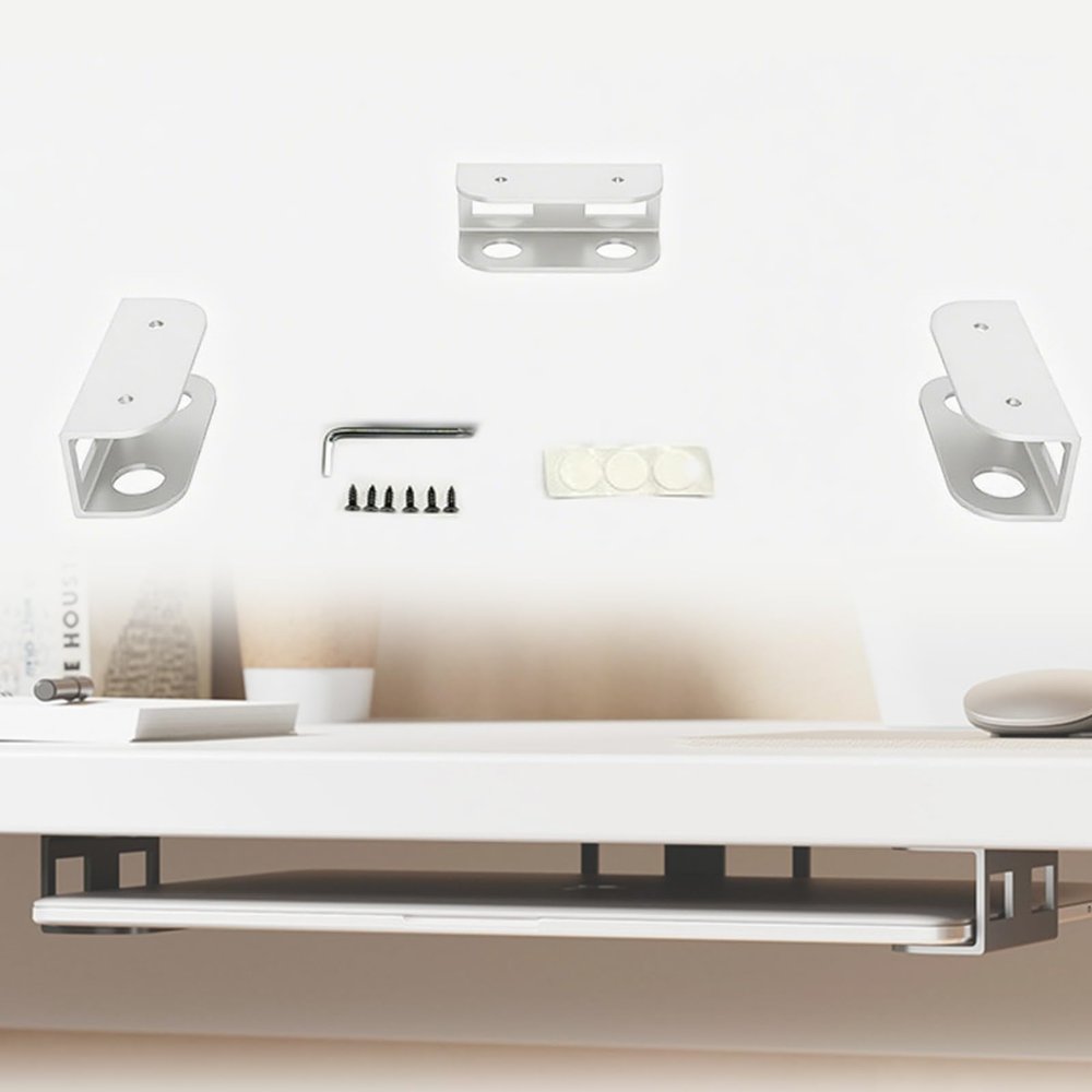 PEWORIGLEE Under Desk Laptop Mount - Metal Under Desk Shelf Holder with Anti-Scratch, Laptop Wall Holder for Keyboard, Devices Thickness <1.6'' (White)