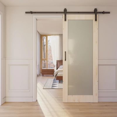 80" Frosted Glass Solid Pine Wood Sliding Barn Door with Installation Hardware Kit(No Assembly Required)36"x80"