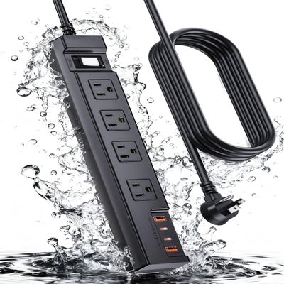 EIGSO Outdoor Power Strip Weatherproof 10FT, Waterproof Surge Protector with 4 Outlets 4 USB Ports, Flat Plug Extension Cord for Home Office Patio Porch