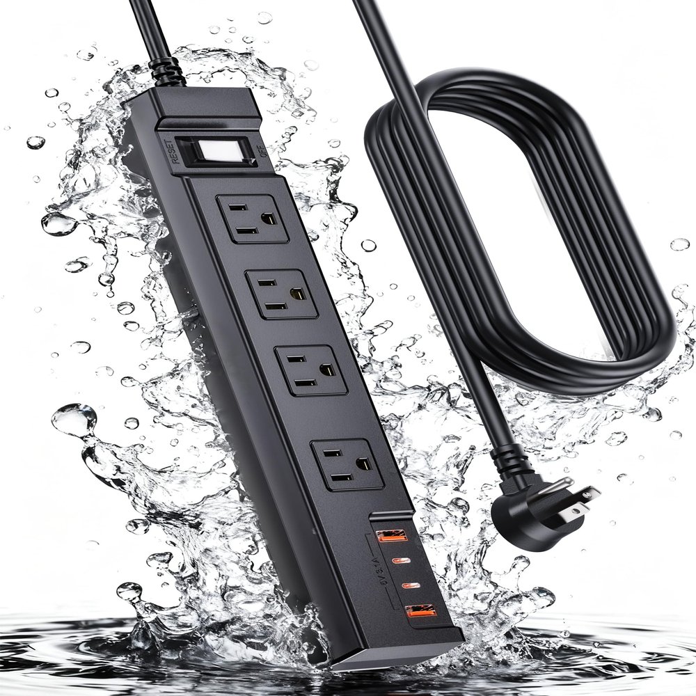 EIGSO Outdoor Power Strip Weatherproof 10FT, Waterproof Surge Protector with 4 Outlets 4 USB Ports, Flat Plug Extension Cord for Home Office Patio Porch