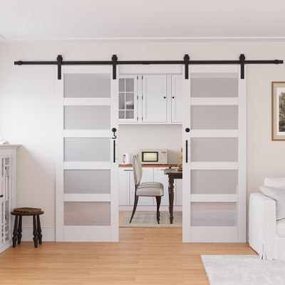 Double Sliding Frosted Glass Barn Door with Installation Hardware Kit (Doors Lock/Soft Close Included)60"x84"